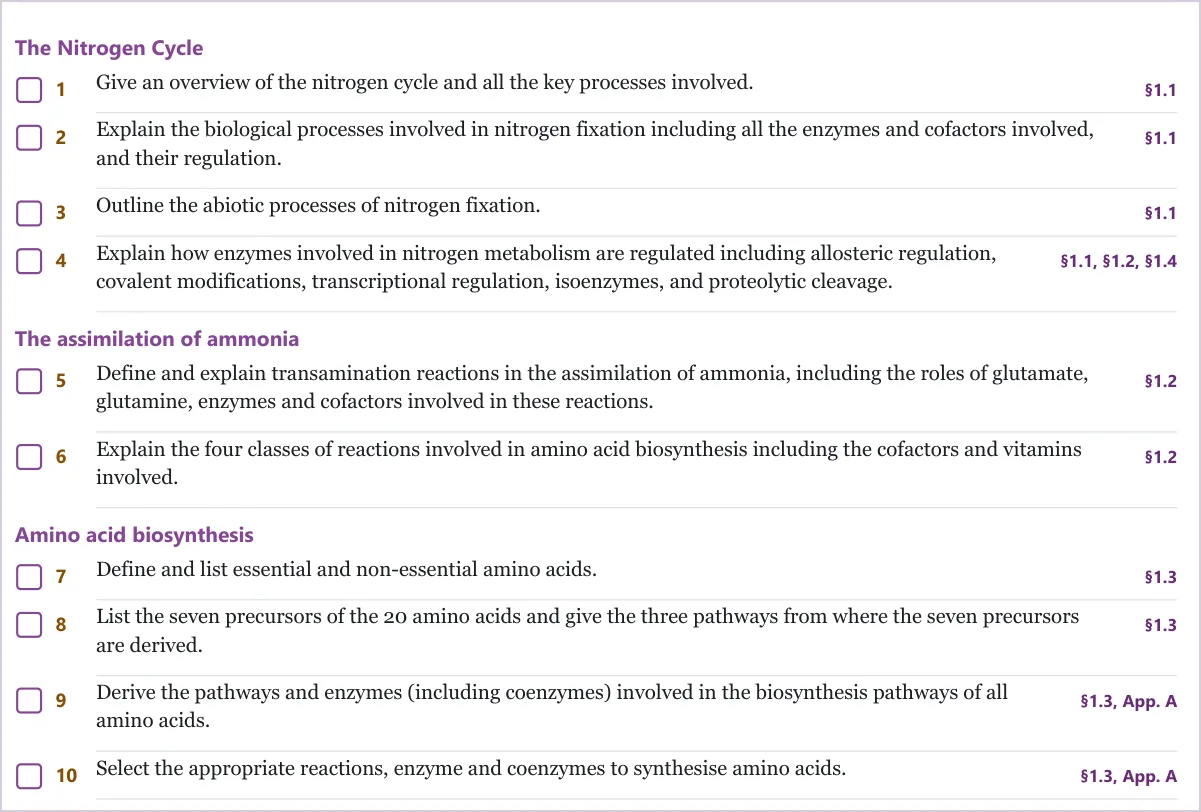 Appendix C, the outcome checklist: numbered examinable outcomes, each with a tick box and a section reference.