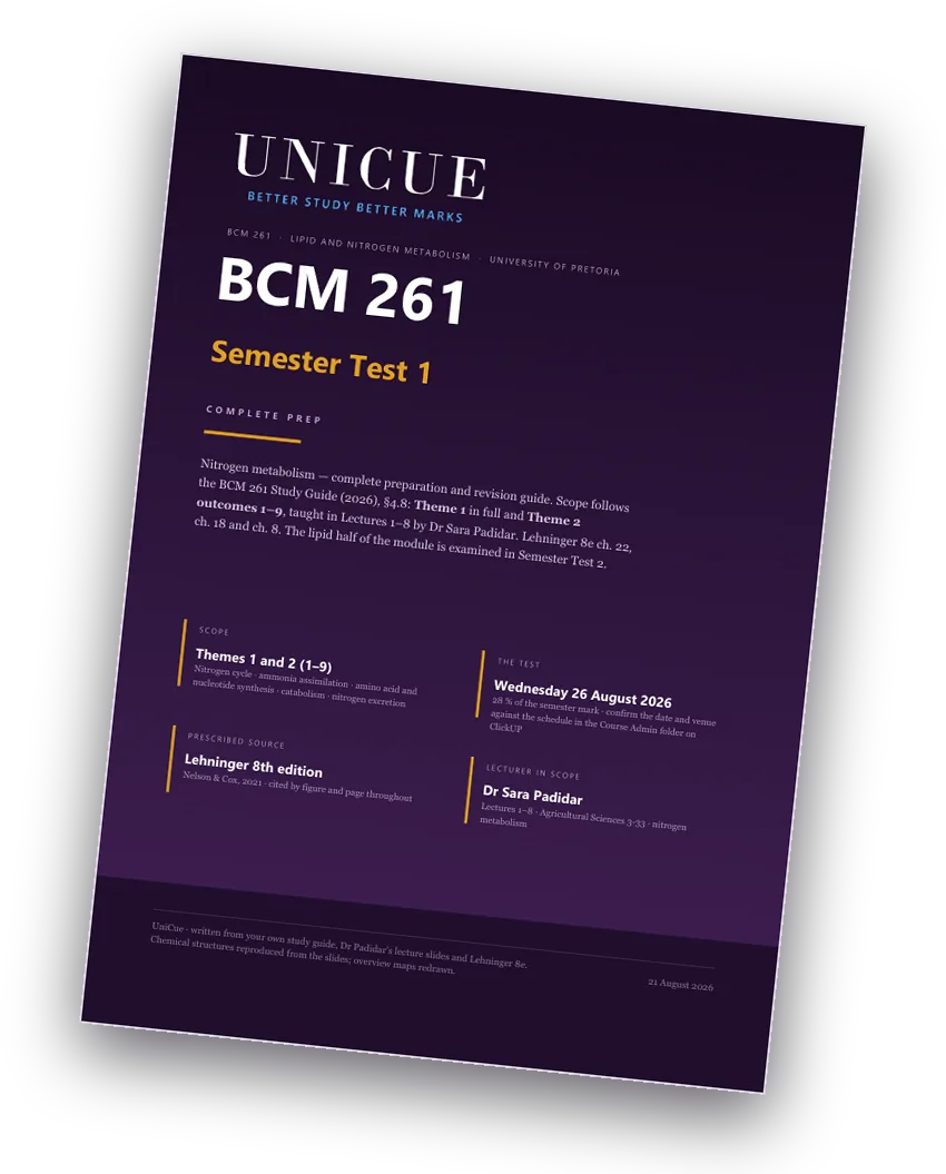 The cover of a UniCue guide, tilted: BCM 261, Semester Test 1, complete prep.
